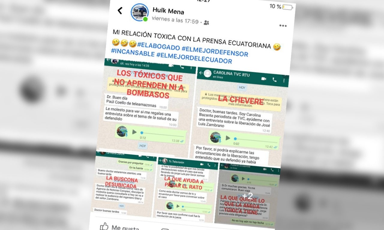 Abogado de exvicepresidente ecuatoriano denosta a periodistas y los intimida con mensajes en Facebook