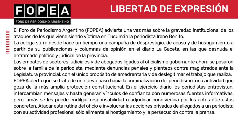 Advertimos sobre la gravedad institucional de los ataques en Tucumán a la periodista Irene Benito.