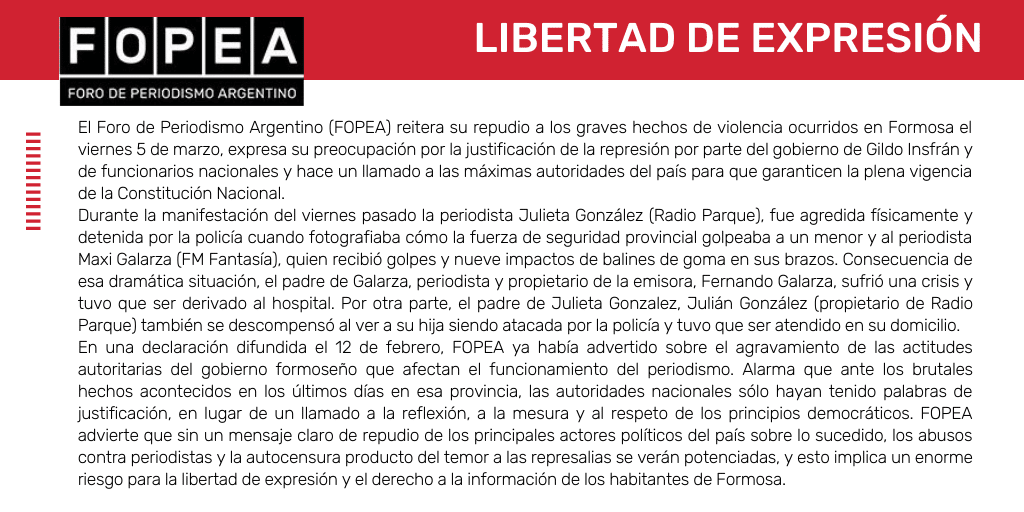 Repudiamos violencia en Formosa y pedimos garantir la CN