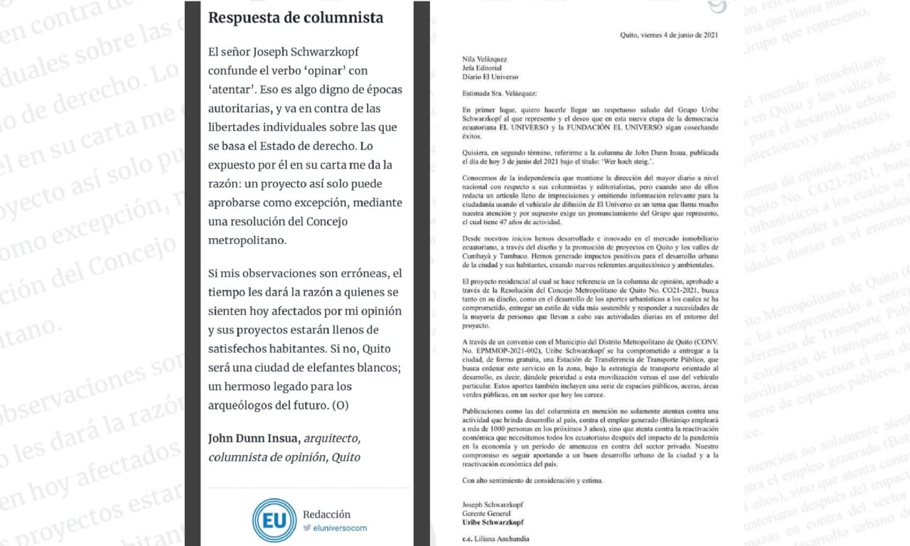 Inmobiliaria acusa a columnista ecuatoriano de atentar contra el desarrollo del Ecuador 
