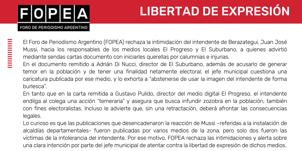 Rechazamos la intimidación del intendente de Berazategui hacia los responsables de dos medios locales.