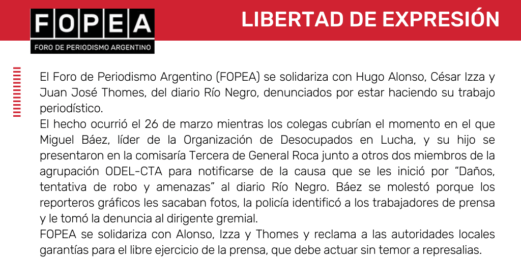 Nos solidarizamos con periodista del diario Río Negro, denunciados por estar haciendo su trabajo.